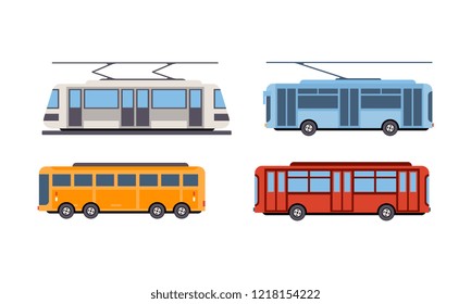 Trolley bus, tram, bus, public city transportation vehicles set vector Illustration on a white background