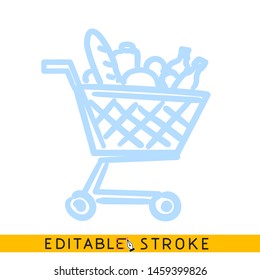 Trolley cart with goods. Customer basket. Blue color line doodle sketch. Editable stroke icon.
