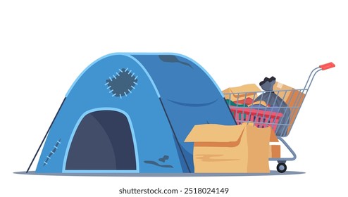 Carrito de carro con varias cosas, basura y campamento andrajoso. Pertenencias de personas sin hogar. Vector