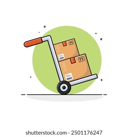 Trolley with Cartoon Boxes Vector Illustration. Shipping Concept Design