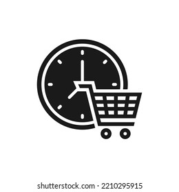 Trolley and clock. Shopping time icon flat style isolated on white background. Vector illustration