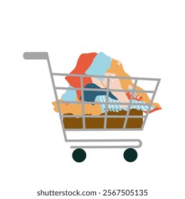 Trolley with clothes, junk. Second hand. Vector simple color flat illustration.