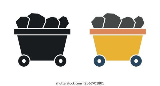 Trolley with coal icon set in black and colored