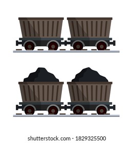 Trolley with coal. Underground transport. Mining equipment. Extraction of minerals. Heavy industry. A basket of goods on the rails. Loaded and empty railcar. Flat cartoon