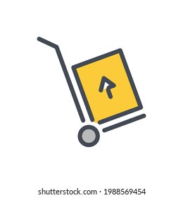 Trolley and dolly with box and arrow up color line icon. Handcart and delivery cart vector outline colorful sign.