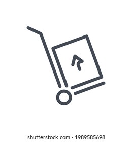 Trolley or dolly with box and arrow up line icon. Handcart and delivery cart vector outline sign.