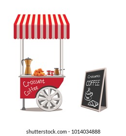 A trolley with fast food with a striped canopy on a white background. Black board with menu. Coffee, coffee maker and croissants. Isolated Vector Illustration