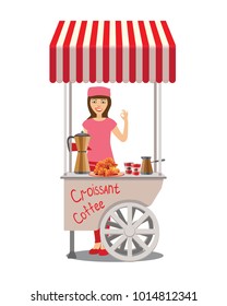 A trolley with fast food with a striped canopy on a white background. Girl seller in a pink uniform. Coffee, coffee maker and croissants. Isolated Vector Illustration

