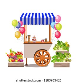 A trolley with food and balloons. Boxes with vegetables, salad and fruit. Vector illustration.