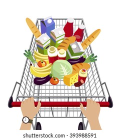 Trolley With Food In Supermarket (vector Illustration)