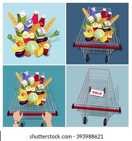 trolley with food in supermarket (vector illustration)