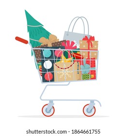 Trolley full of Christmas presents and decorations. Vector illustration in flat cartoon style