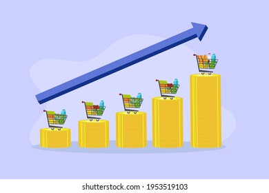 Trolley full of groceries on stack of gold coin shaping growth chart with upward arrow background