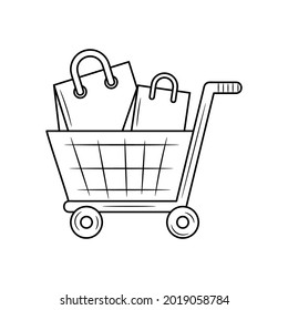 Trole lleno de bolsas de compras ilustración vectorial con estilo de dibujo manual simple