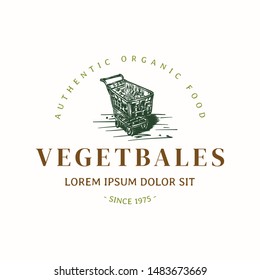 Trolley full with vegetables hand drawn logo store template