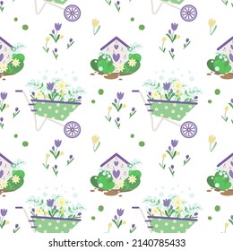 Trolley garden flower pot with polka dots for plant bouquet, blue flowers, yellow and purple tulips, green leaves, insect house. Seamless vector pattern on a white background. Drawing cartoon style