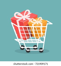 Trolley with gift box, Concept of shopping. Vector illustration.