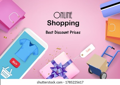 Trolley with gift box and smartphone for online shopping