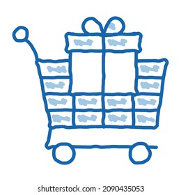 Trole con el vector del icono de esbozo de regalo. Trole de arte de la línea de doodle azul dibujado a mano con el cartel de regalo. ilustración de símbolo aislado