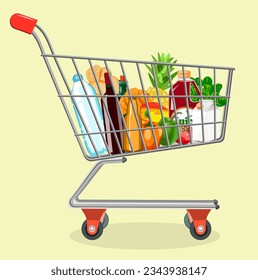 trolley with goods from the store on a yellow background