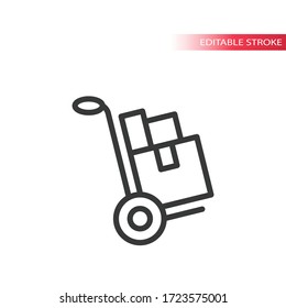 Trolley Hand Truck Or Push Cart With Boxes Thin Line Vector Icon. Editable Stroke.