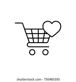 trolley with heart, web store, line icon black on white