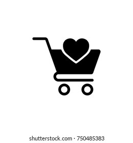 trolley with heart, web store, simple icon black on white