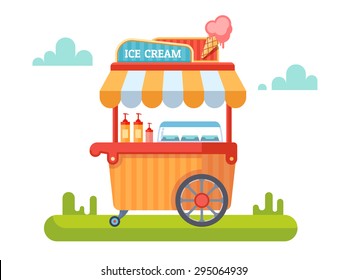 Trolley with ice cream. Cart and sweet, ice cream, kiosk and marketplace. Vector illustration