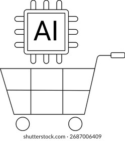 ícone do carrinho e ícone do processador de inteligência artificial com fundo branco.com linhas pretas