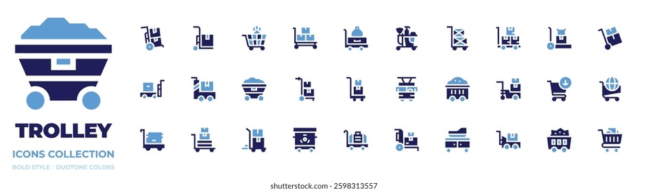 Trolley icon collection. Bold style. Duotone colors. delivery cart, trolley, delivery, maternity, mining, shopping cart, coal, baggage, garbage.