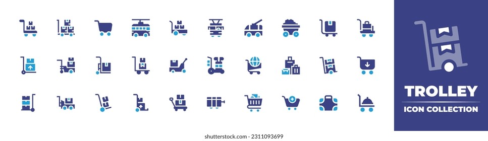 Trolley icon collection. Duotone color. Vector illustration. Containing trolley, shopping cart, trolley bus, trolleybus, coal, truck, luggage, logistics, golf trolley, baggage, delivery, add to cart.