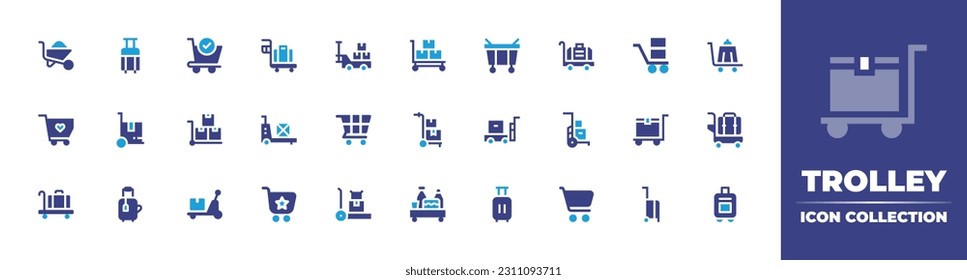 Colección de iconos del carro. Color de duotona. Ilustración vectorial. Consta de carretillas, maleta, carrito de compras, carrito de comida, solidaridad, movimiento, cajas, carrito de entrega, entrega, carrito de equipaje.