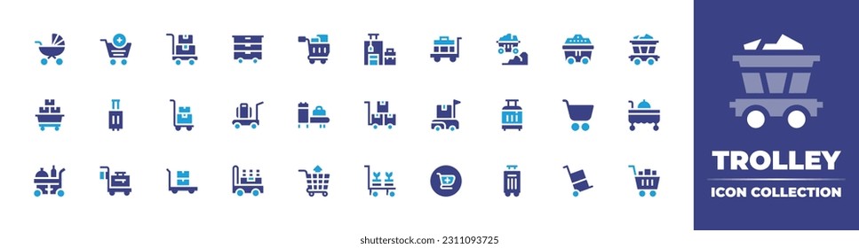 Trolley icon collection. Duotone color. Vector illustration. Containing trolley, add to cart, cart, shopping, luggage, mine cart, coal, carriage, checkpoint, delivery, delivery box, room.