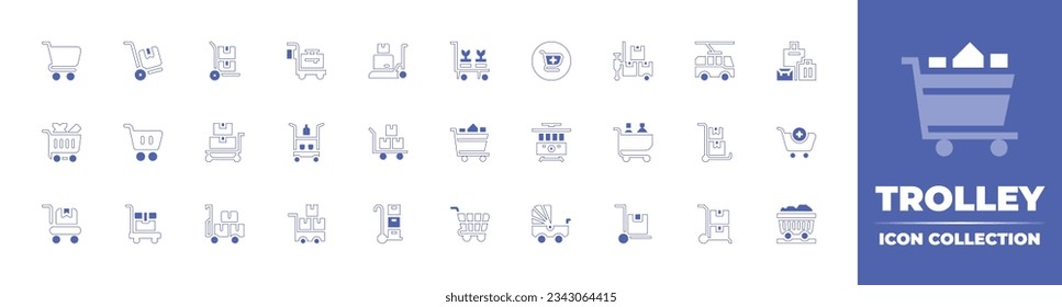 Trolley icon collection. Duotone style line stroke and bold. Vector illustration. Containing cart, trolley, plant pot, add cart, trolley bus, baggage, shopping trolley, and more.