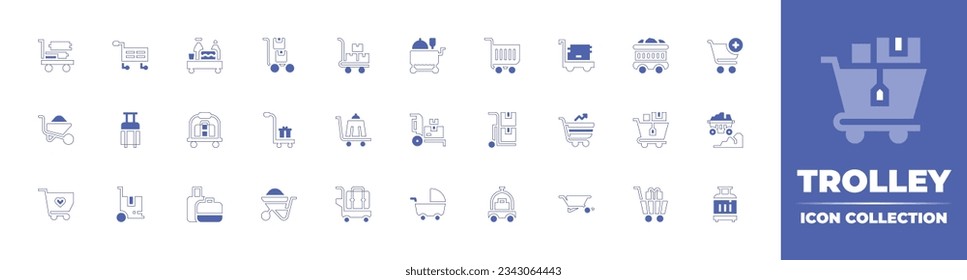 Trolley icon collection. Duotone style line stroke and bold. Vector illustration. Containing luggage, cart, trolley, food trolley, shopping cart, baggage, coal, add cart, wheelbarrow, and more.