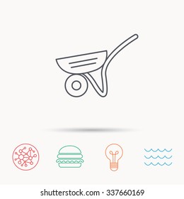 Trolley icon. Garden cart sign. Gardener equipment symbol. Global connect network, ocean wave and burger icons. Lightbulb lamp symbol.