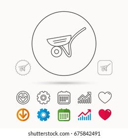 Trolley icon. Garden cart sign. Gardener equipment symbol. Calendar, Graph chart and Cogwheel signs. Download and Heart love linear web icons. Vector