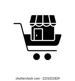 Trolley icon illustration with store. glyph icon style. suitable for store online icon. icon related to e-commerce. Simple vector design editable. Pixel perfect at 32 x 32