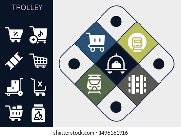 trolley icon set. 13 filled trolley icons.  Collection Of - Luggage, Shopping cart, Coal, Trolley, Stretcher, Railway, Subway