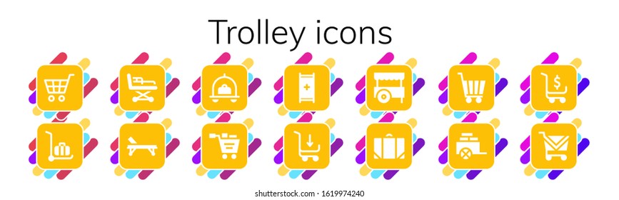 trolley icon set. 14 filled trolley icons. Included Shopping cart, Delivery cart, Stretcher, Luggage, Cart, Baggage icons