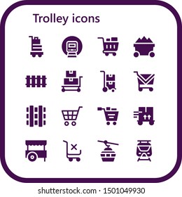trolley icon set. 16 filled trolley icons.  Collection Of - Baggage, Railway, Shopping cart, Trolley, Cart, Cableway, Subway