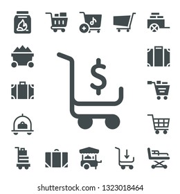 trolley icon set. 17 filled trolley icons.  Simple modern icons about  - Coal, Trolley, Travel bag, Shopping cart, Luggage, Baggage, Food cart, Cart, Stretcher