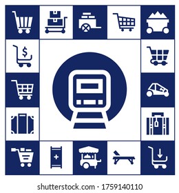 trolley icon set. 17 filled trolley icons.  Simple modern icons such as: Shopping cart, Railway, Luggage, Buggy, Trolley, Stretcher, Cart, Food cart