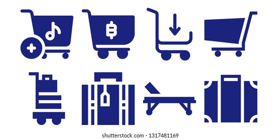 trolley icon set. 8 filled trolley icons.  Collection Of - Baggage, Shopping cart, Luggage, Stretcher