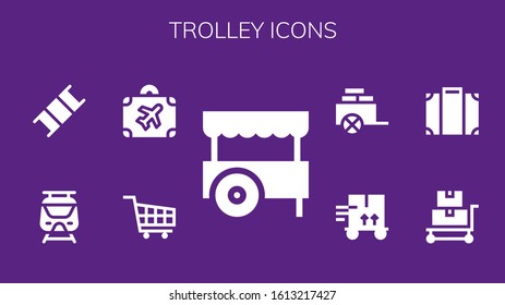 trolley icon set. 9 filled trolley icons. Included Cart, Shopping cart, Luggage, Subway, Stretcher, Trolley icons