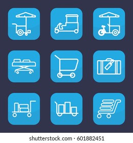 trolley icon. Set of 9 outline trolley icons such as luggage, fast food cart, luggage cart, hospital stretch
