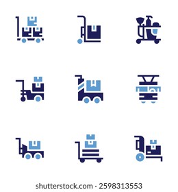 Trolley icon set. Bold style. Duotone colors. trolley, packages, cleaning tools, trolley bus.