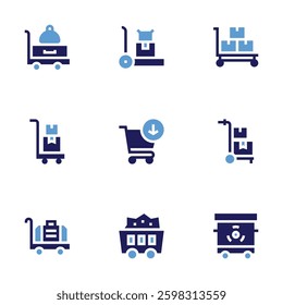 Trolley icon set. Bold style. Duotone colors. mining, garbage, trolley, add to cart.