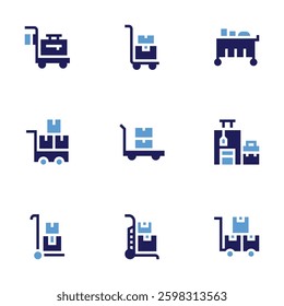 Trolley icon set. Bold style. Duotone colors. trolley, luggage, serving cart, delivery cart.
