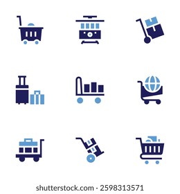 Trolley icon set. Bold style. Duotone colors. cart, trolley car, luggage, trolley, shopping cart.
